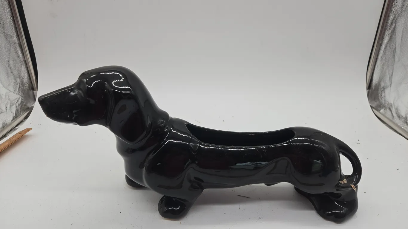 Vintage stafford pottery black dashhound planter