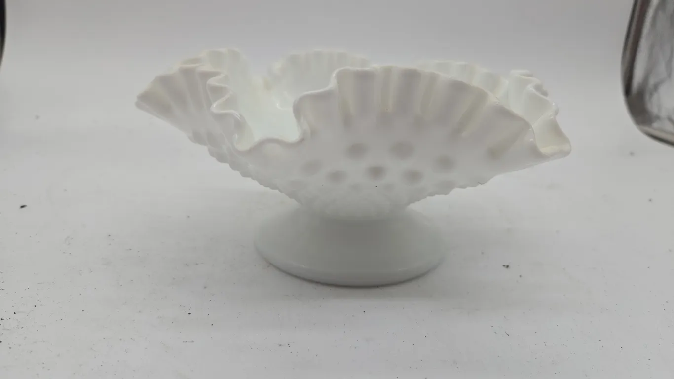 Vintage Fenton white milk glass, hob, nail pedestal candy dish.