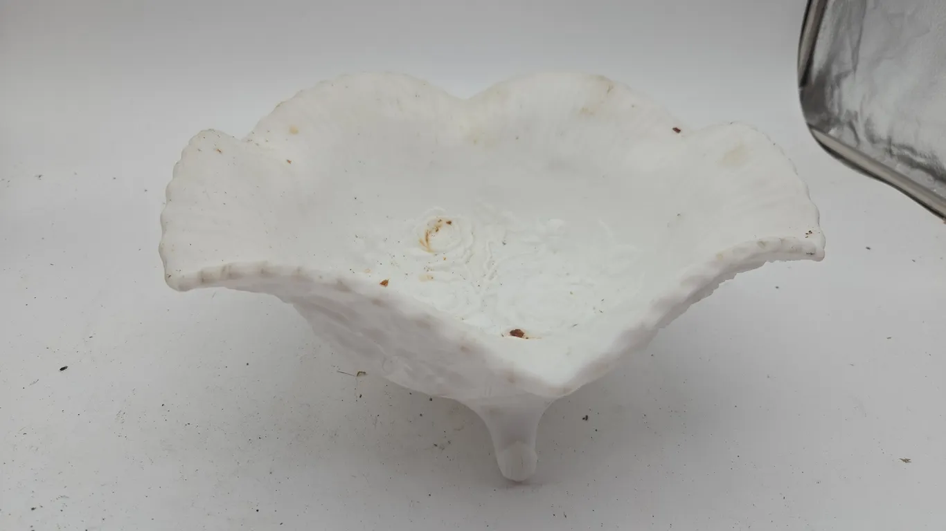 Vintage imperial glass, white milk glass, rose pattern, footed compote