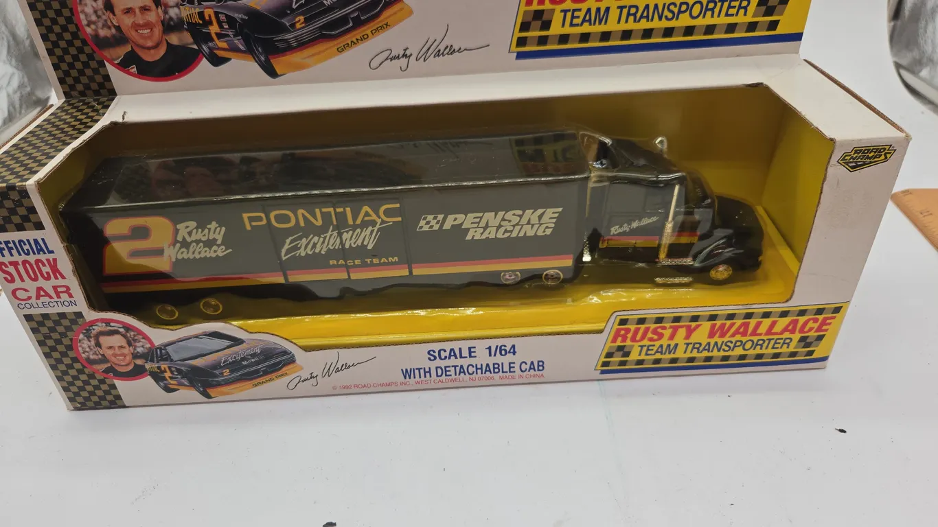 Vintage rusty wallace team transporter, set semi truck and trailer in original box