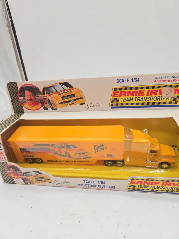 The vintage earnie irvan team, transporter, semi tractor and trailer, new and original box.