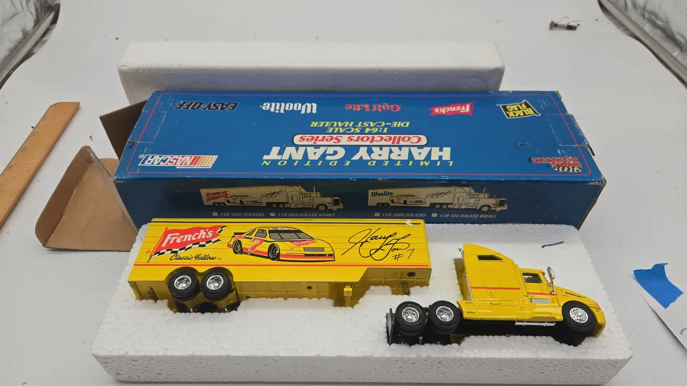 Vintage harry grant french's mustard diecast, transporter hauler in original box
