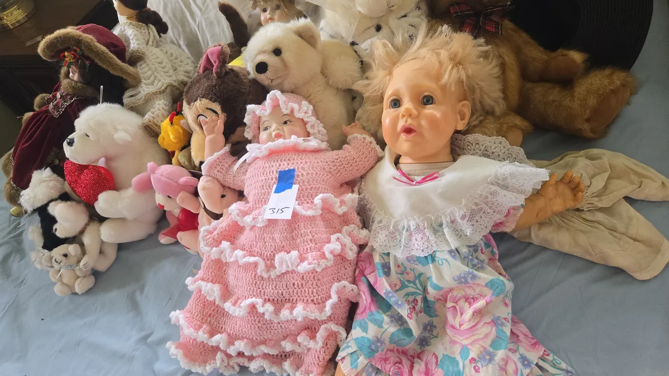 Assorted dolls and stuffed animals