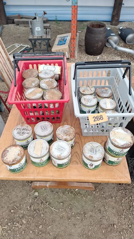 Big lot of antique tobacco tins with screws, nails and more