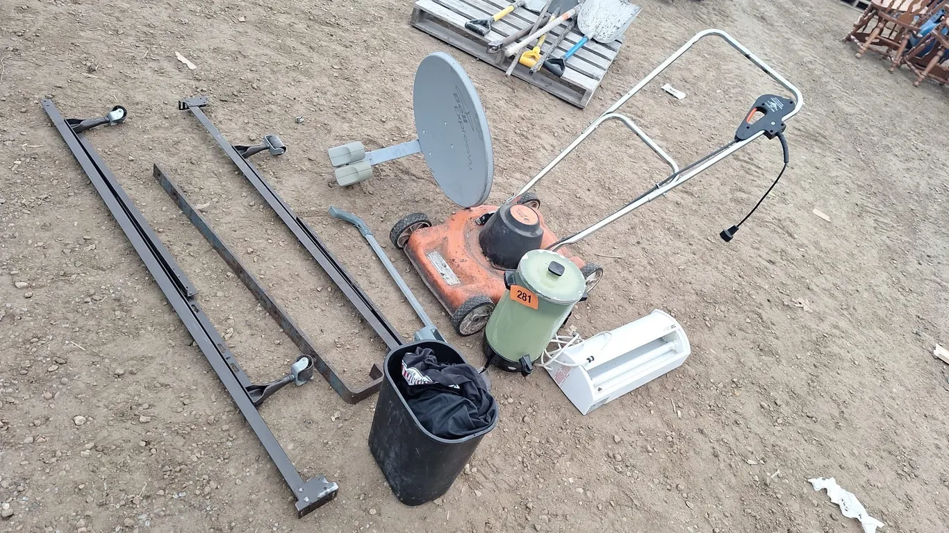Miscellaneous lot of electric lawnmower, bed frame and more