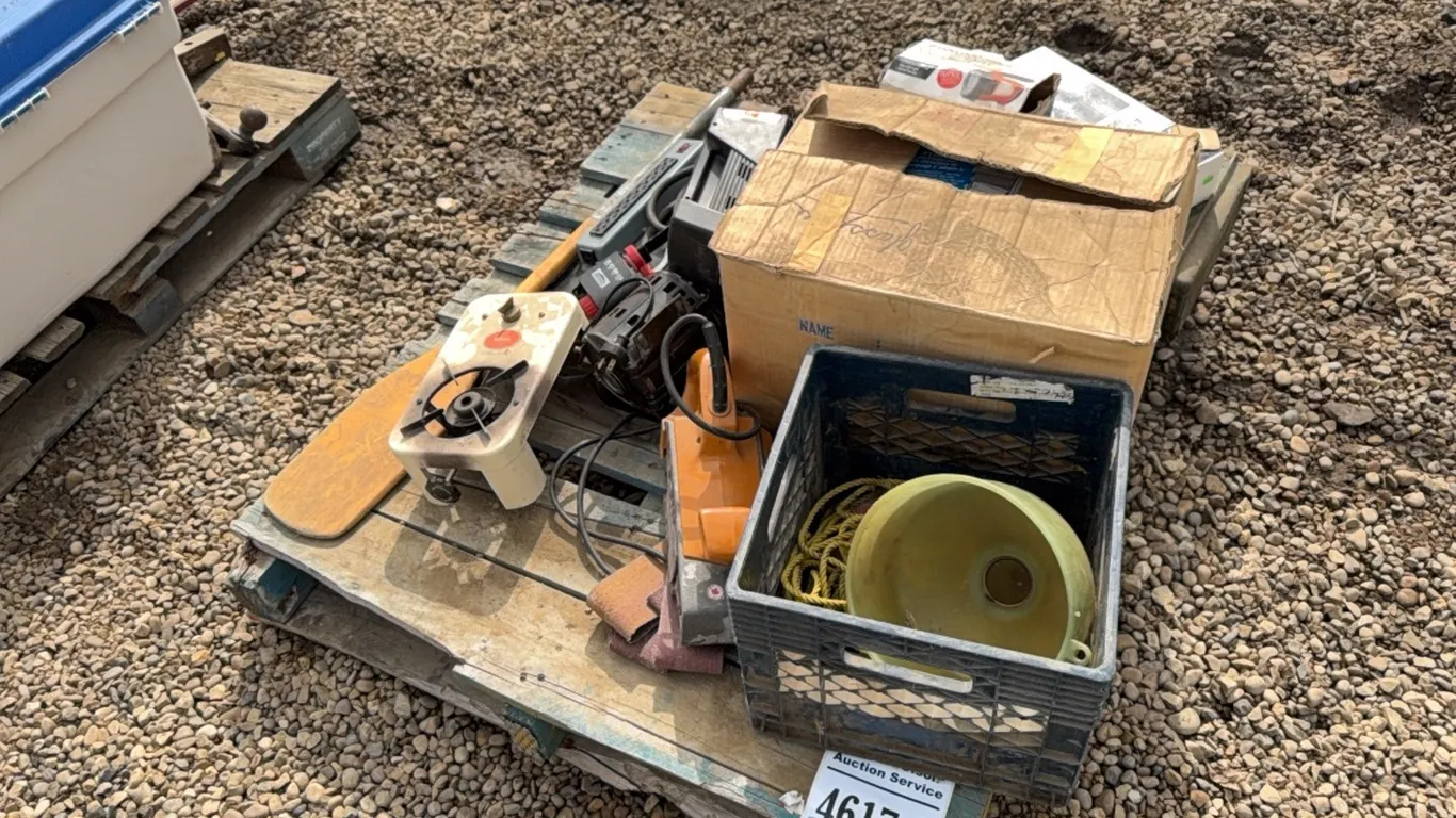 SANDER, ELECTRIC MOTOR, MIRRORS, BULBS, GUN BOOT, BALL GLOVE, CAMP STOVE