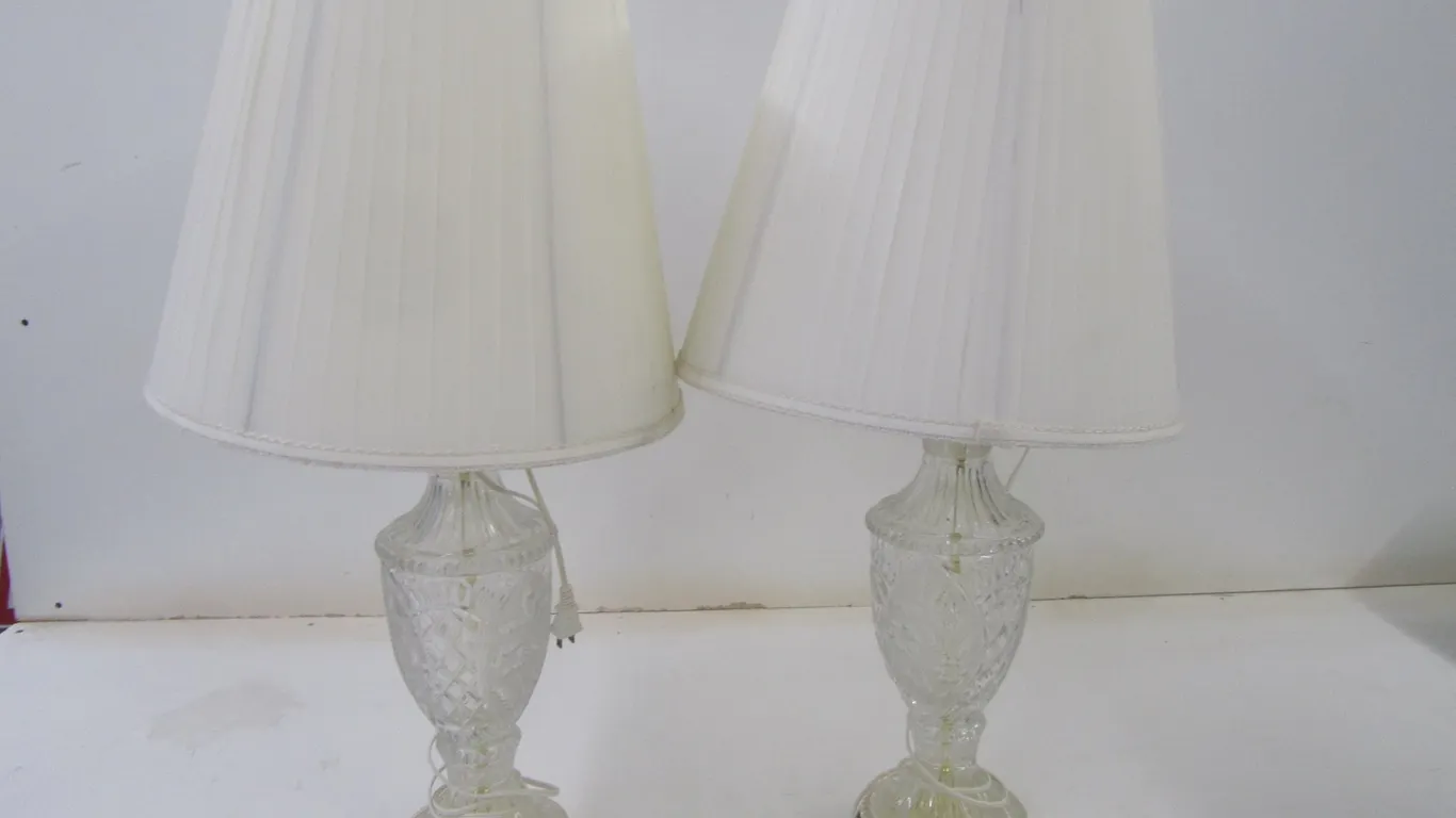 Pair Of Crystal Glass Table Lamps w/Shades