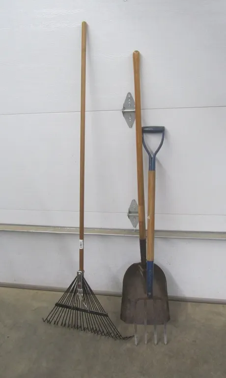 Metal Rake, Transfer Shovel, And 4-Tine Fork