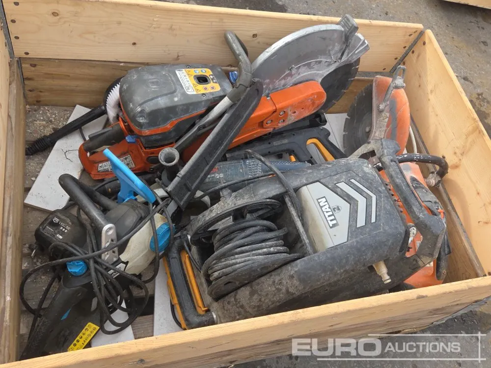 Box of Husqvarna K970, Stihl Power Cutters, Angle Grinder, Pressure Washer