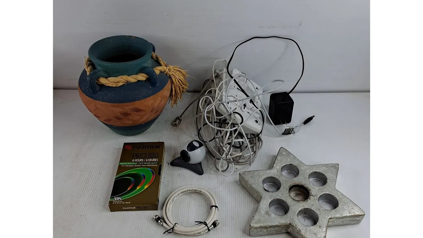 Large Ceramic Pot, Fujifilm Cassette, Tea Light Holder, Web Cam, Misc Electronics