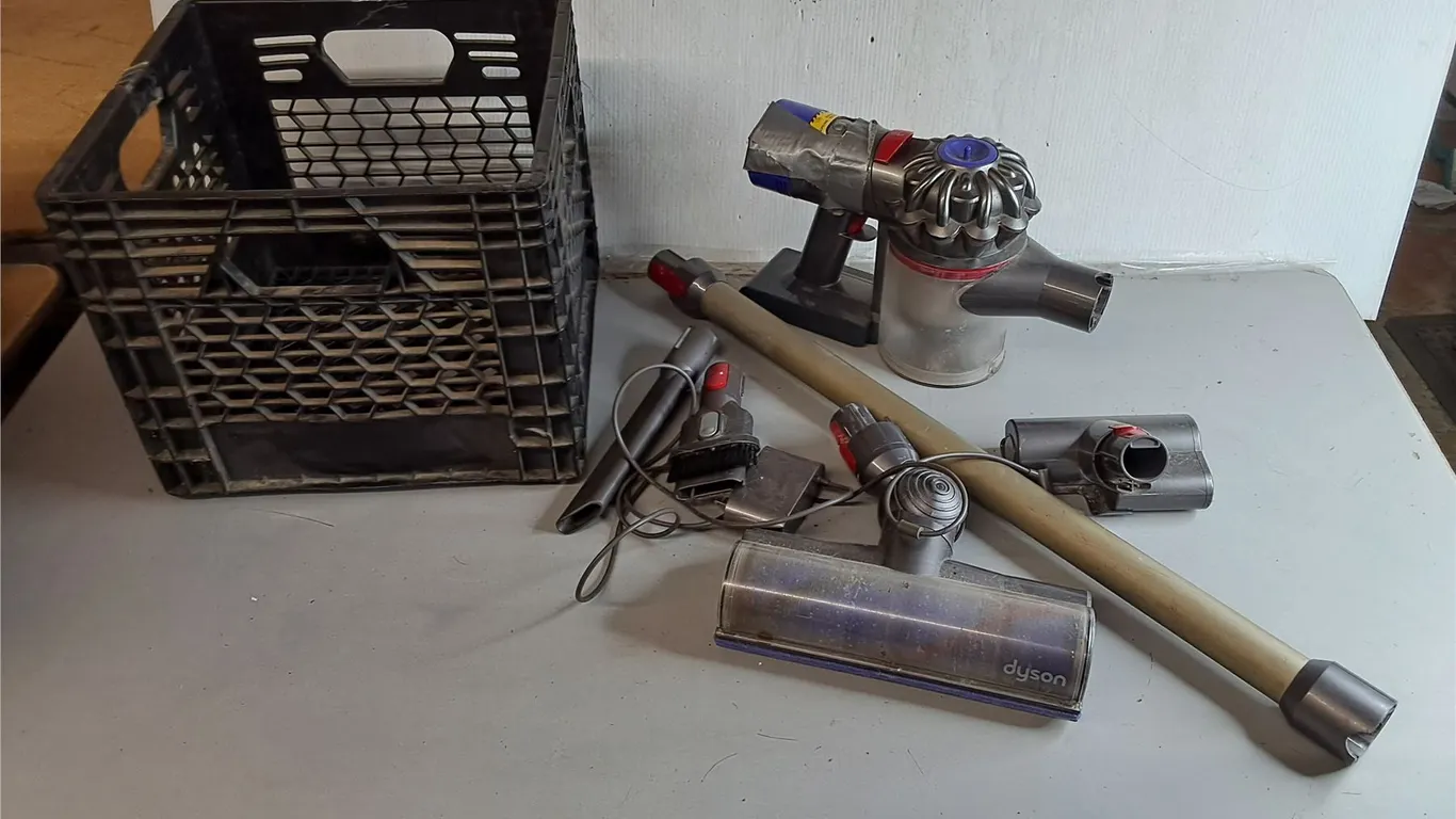 Plastic Crate 13" x 13" x 11" & Dyson V8 Animal Vacuum- Powers On, As Is- Can't Ship