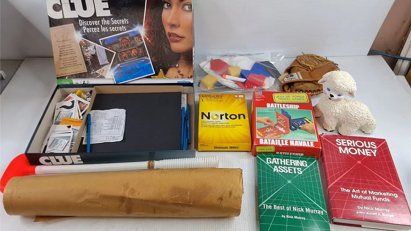 Clue Game, Expos Baseball Glove, Battleship Game, Wrapping Paper, Sheep Ornament, Nick Murray Books,