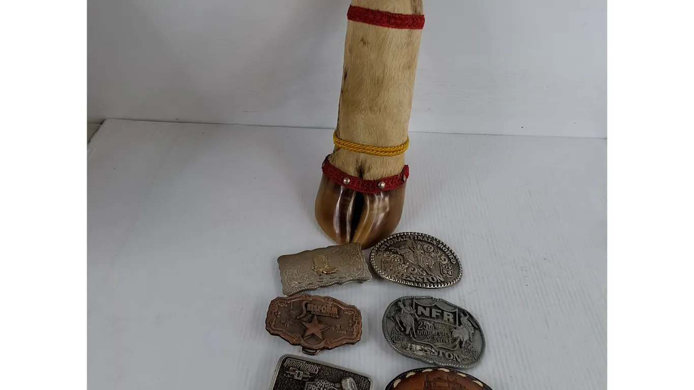 (6) Belt Buckles, Decorative Hoof Bottle