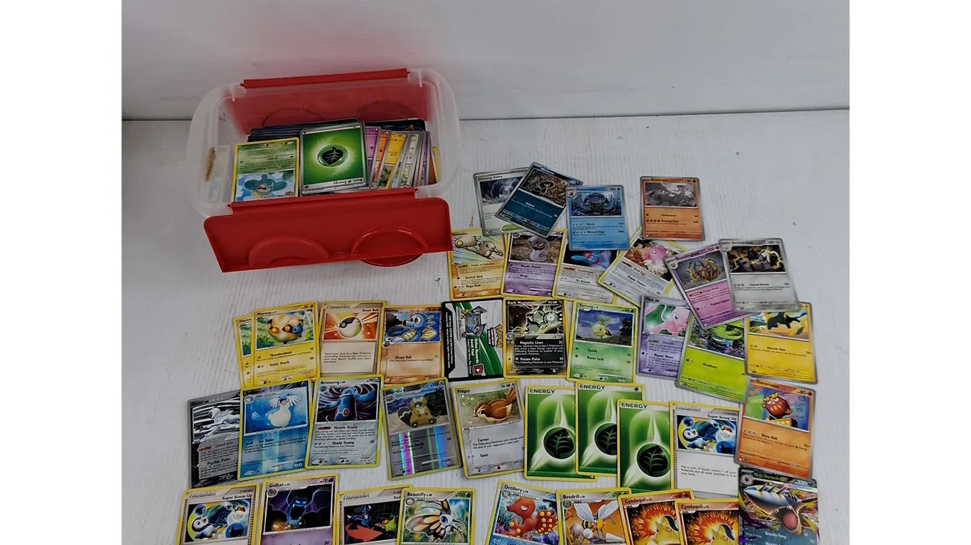 Assorted Pokemon Trading Cards & Container - CANNOT AUTHENTICATE