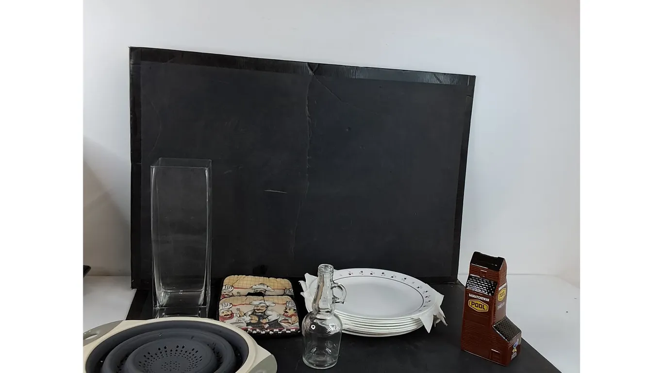 Strainer, Square Vase, Plates, Pot Holders, Misc