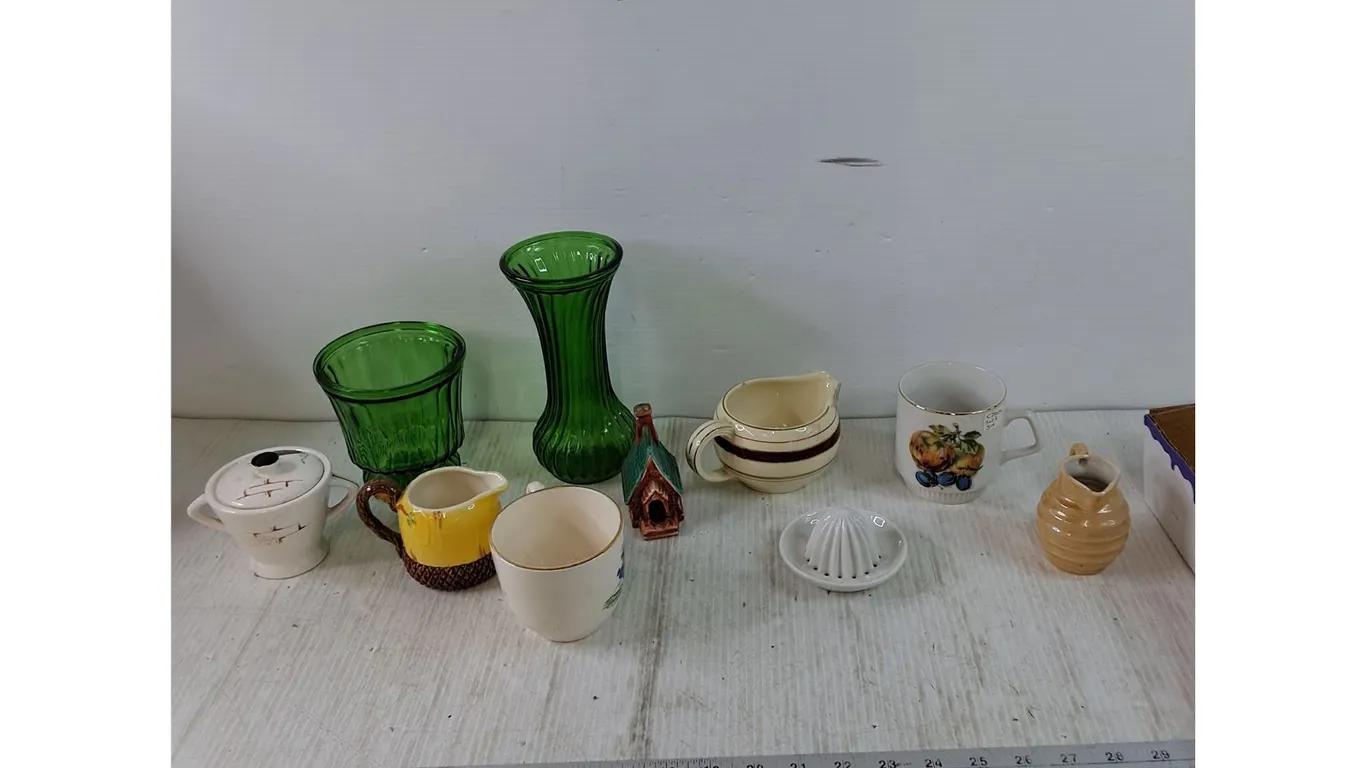 (2) Green Glass Vases, (2) Gravy Boats, Juicer, Cups