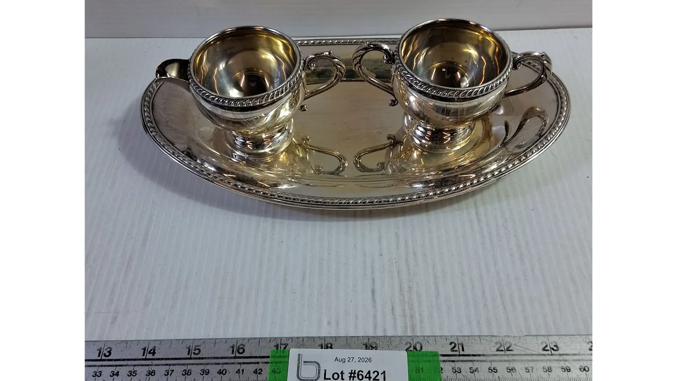 Silver Plated Tray & (2) Teacups