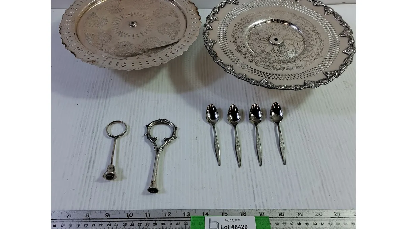 Silver Plated Spoon Set & (2) Trays
