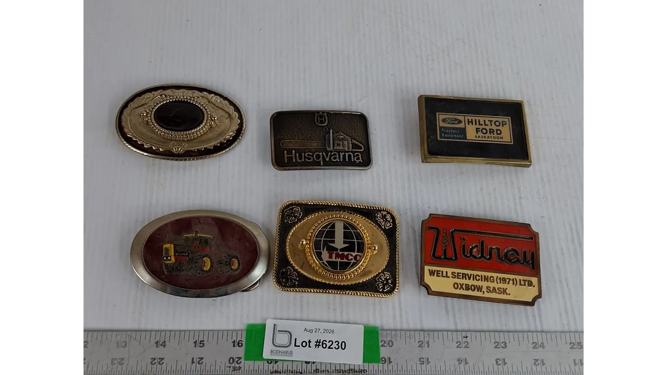 (6) Belt Buckles- Widney, Husqvarna, Hilltop Ford