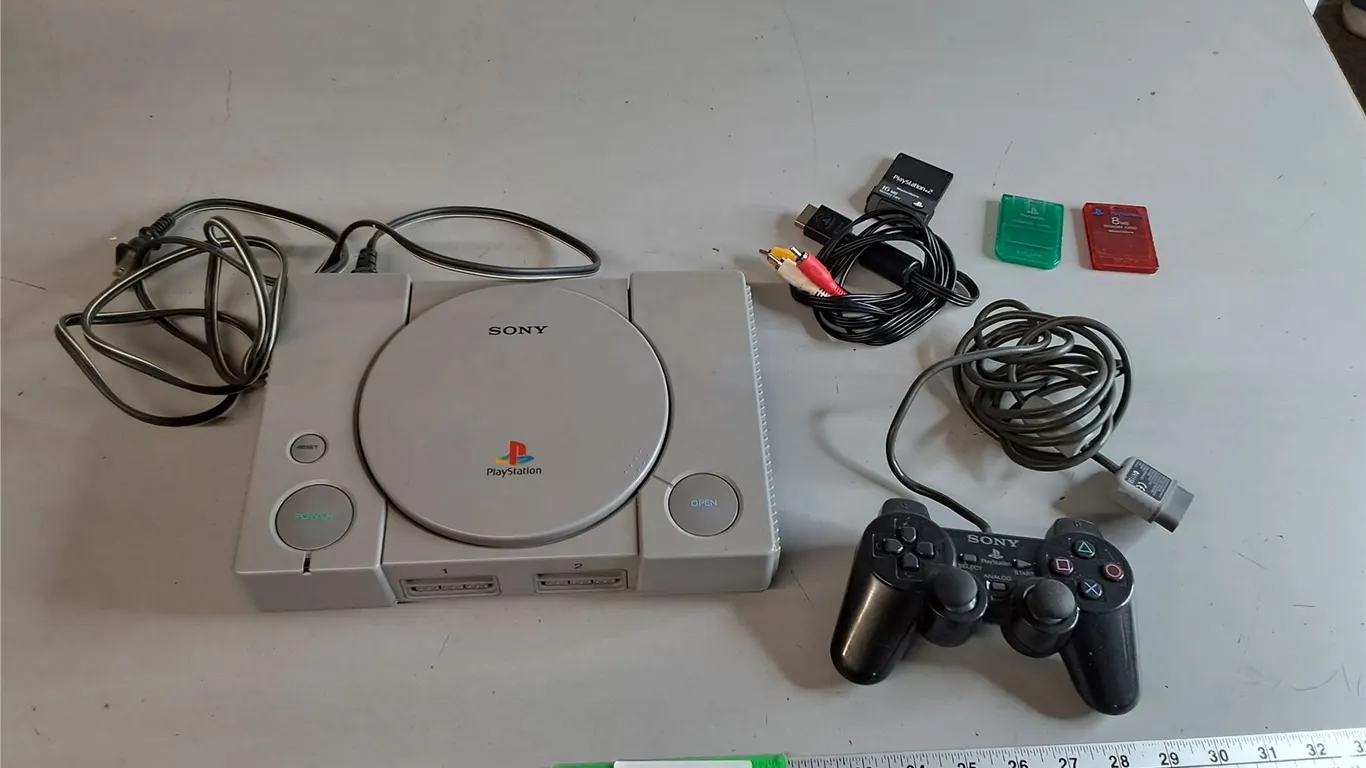 Play Station Console- Powers On, Memory Cards & Controller