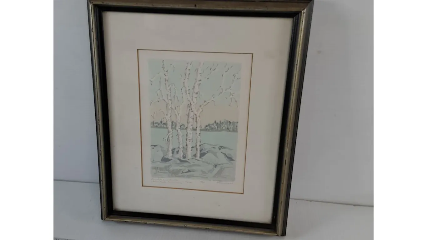 Majorie Stewart print 'Birches and Rocks- Two Clear Lake' Framed Print 13.25" x 11.5"