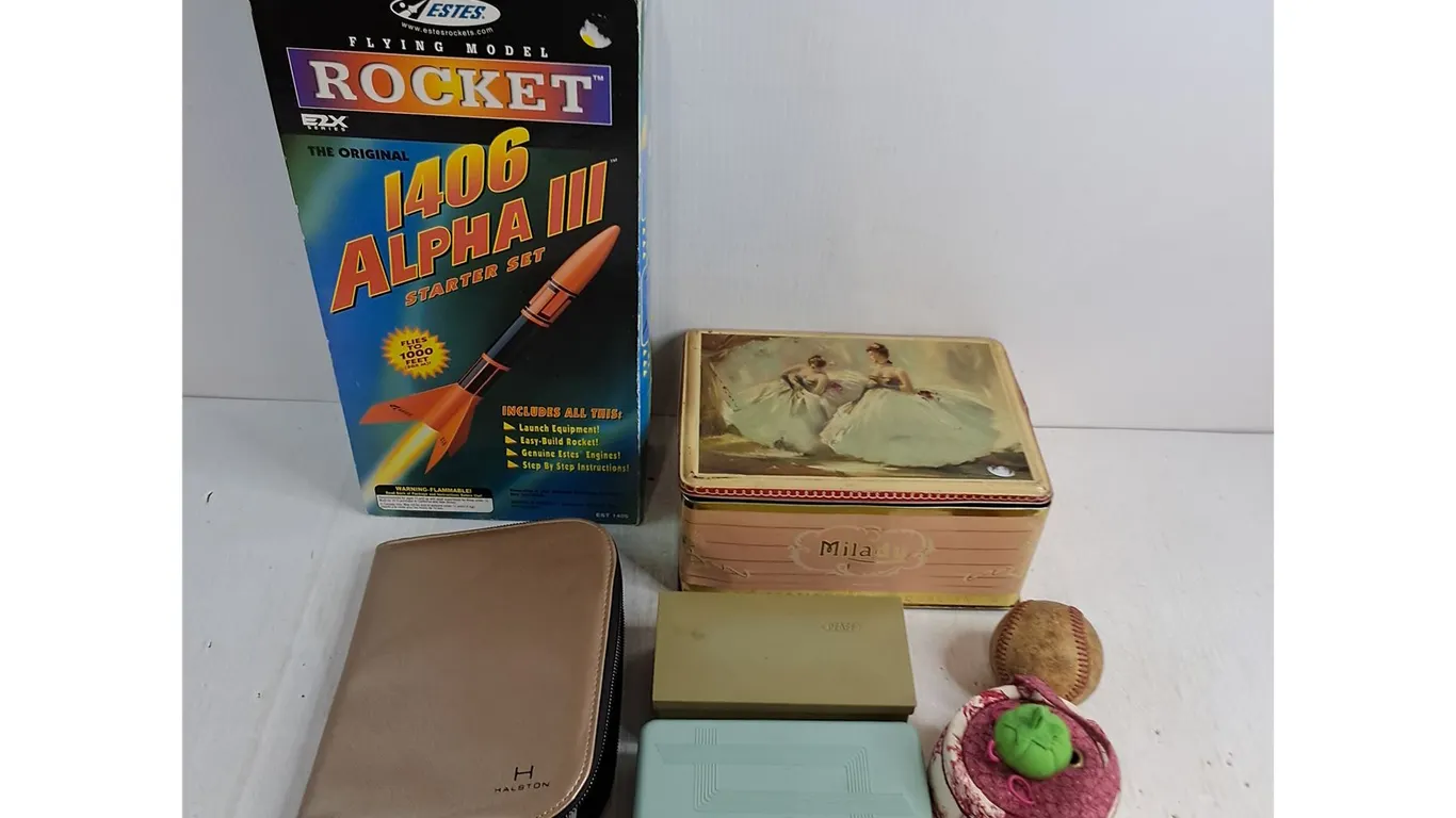 Estes Model Rocket kit, Milady Tin, Sewing & Amenity Containers, Baseball