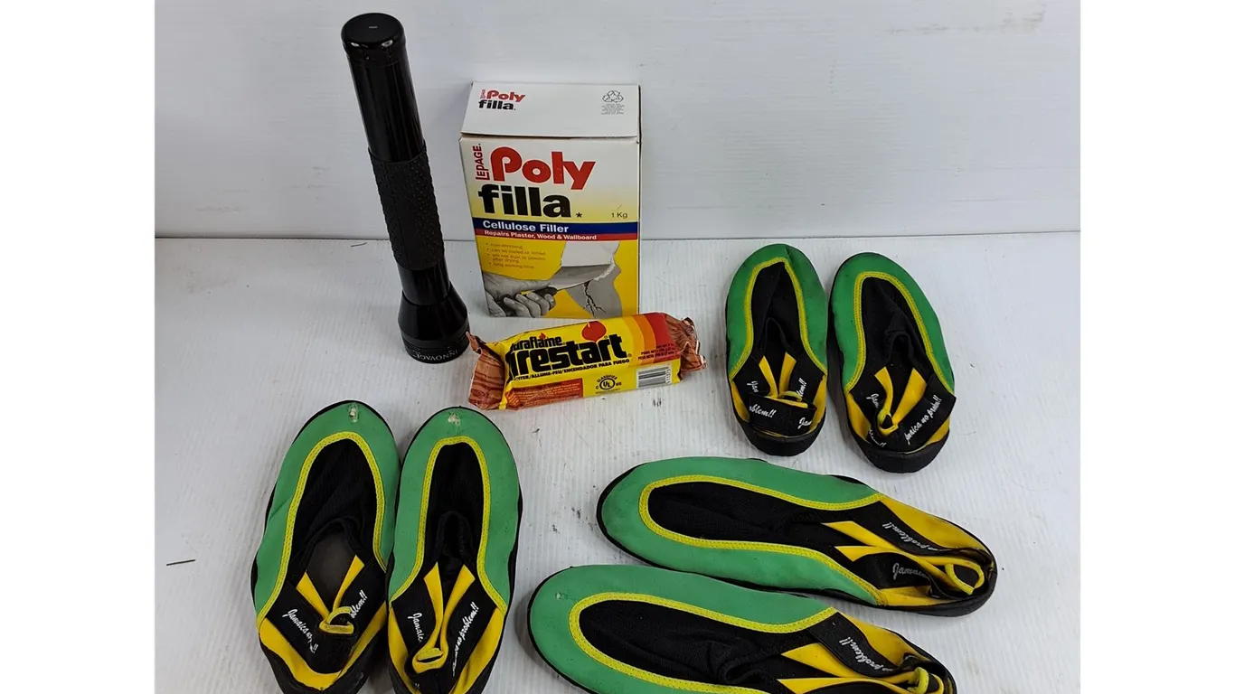 LED Flashlight, Firestart Firelighter, Water Shoes, Cellulose Filler