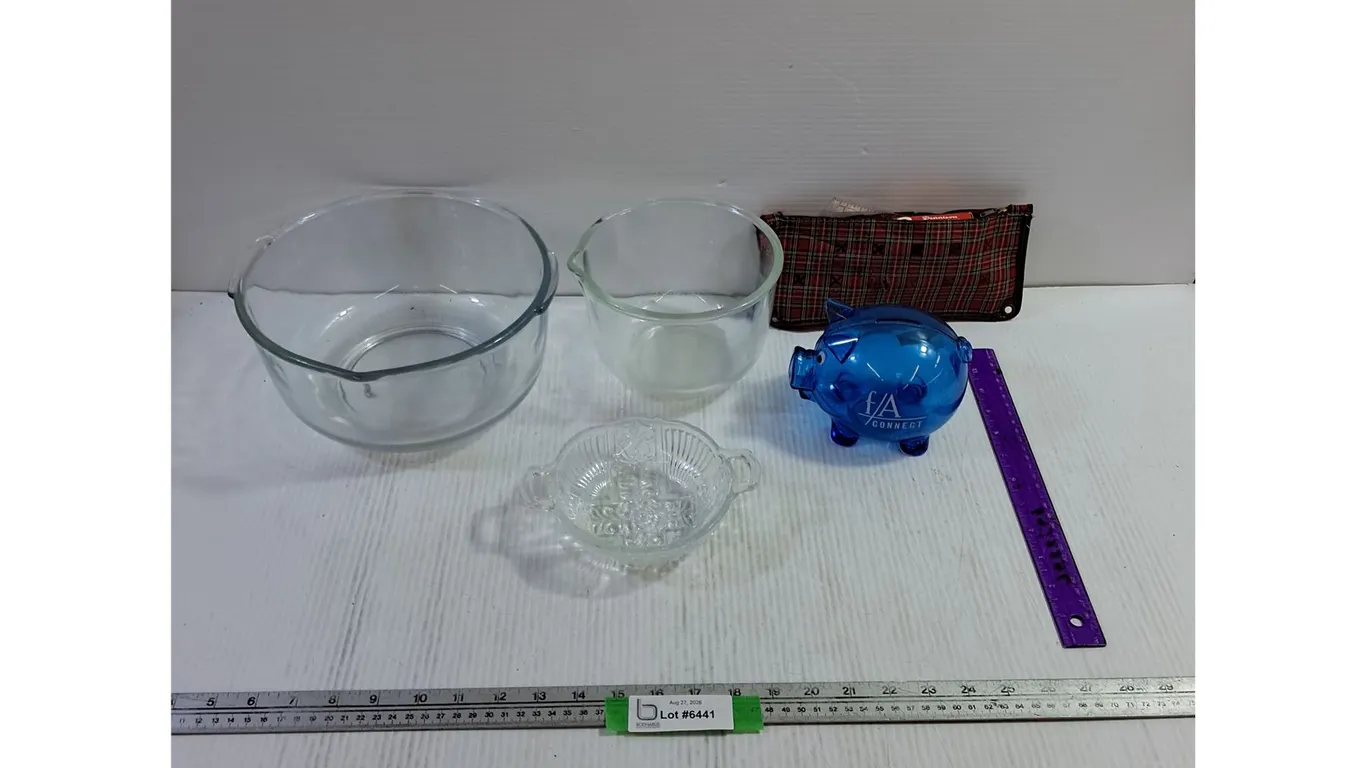 (3) Glass Bowls, Piggy Bank, School Supply Bag
