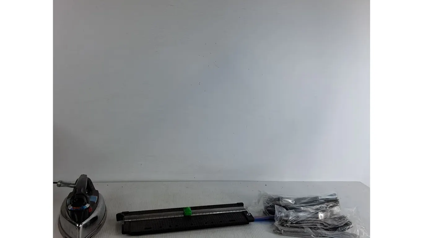 Various Cutlery, Steam Iron(powers on), Plastic Paper Trimmer