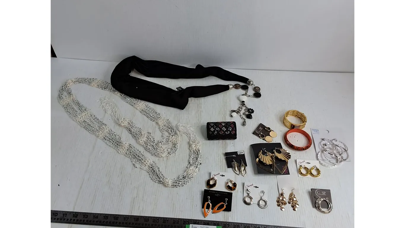 Assorted Unused Costume Jewelry, Fashion Belts, Cosmetic Purse