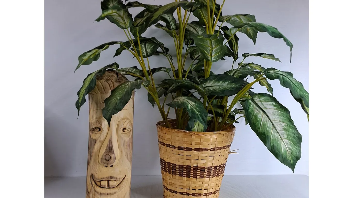 Carved Wood (Dewda), Artificial Dieffenbachia 33" ( as is), Pickup Only