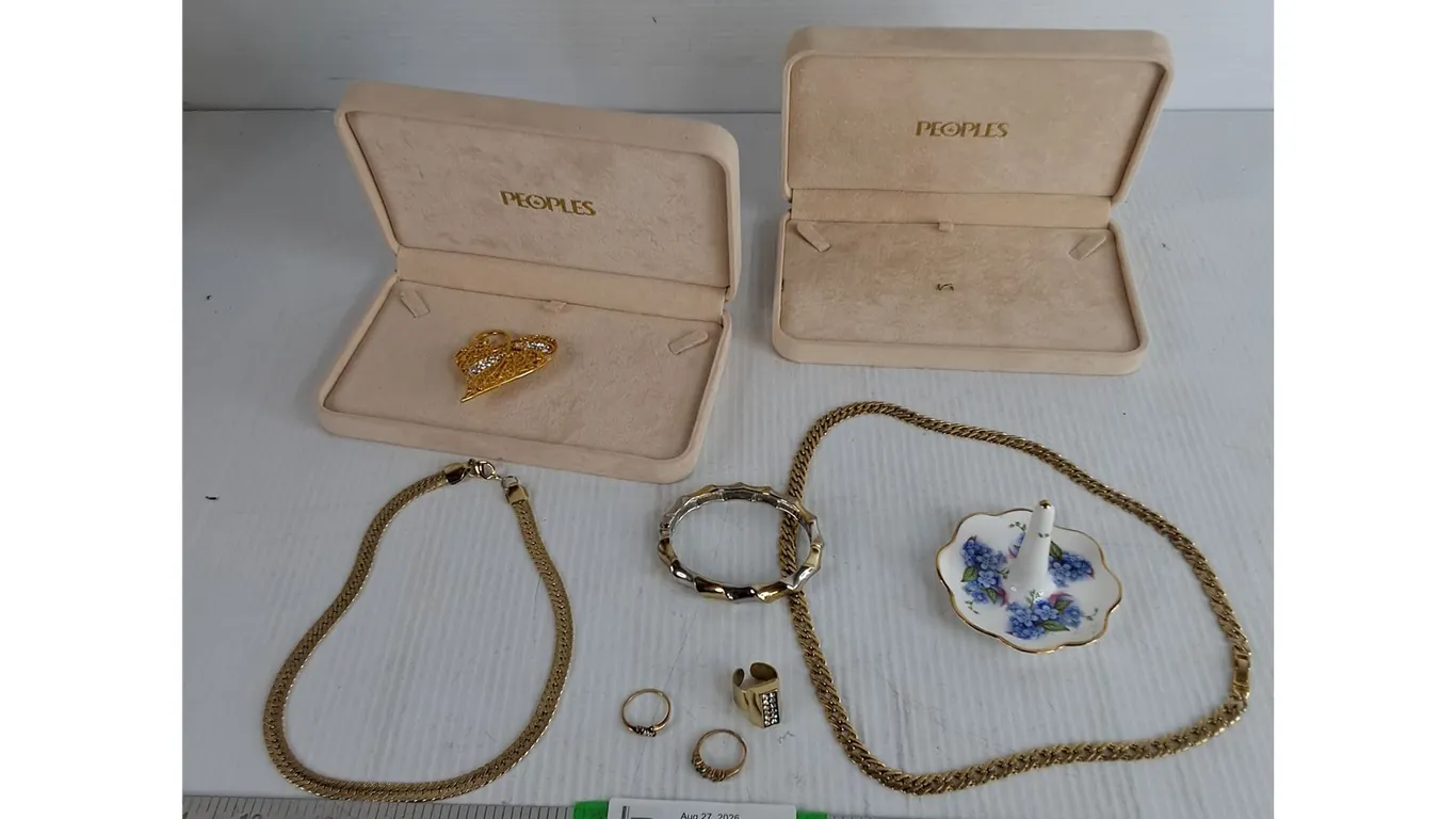 (3) Rings Size 6, (2) Gold Colored Chain Necklaces, Bracelet, Brooch, Ring Holder