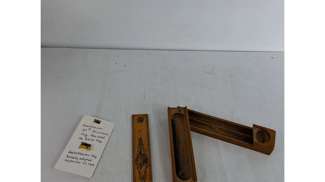Vintage Wooden Sliding-lid Pencil Box, The Flag of Saskatchewan Lapel Pin
