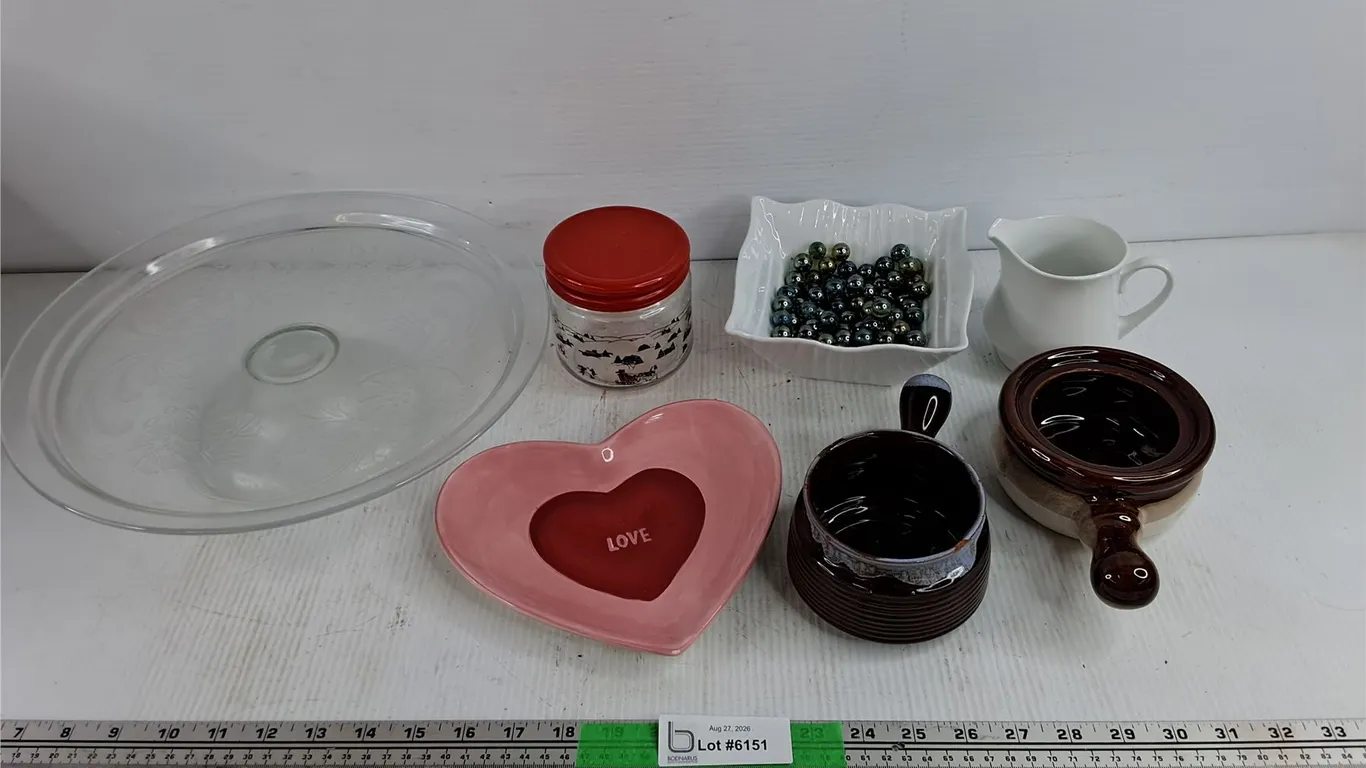 Footed Glass Cake Stand, Bean Pots, Creamer, Cookie Jar, Ceramic Bowl, Marbles, Ceramic Plate
