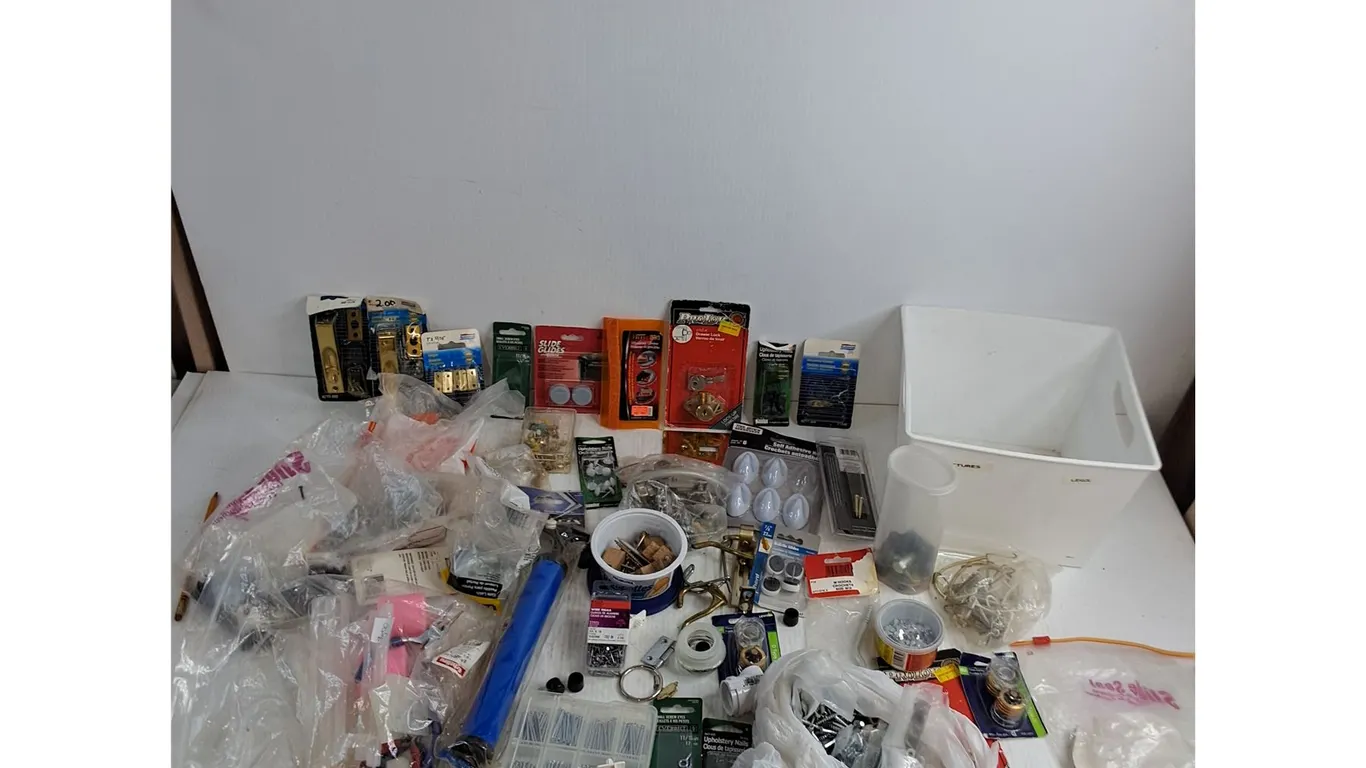 Large Assortment of Home Hardware, Fuses, Hooks, Tools, Air Pump, Tote, Misc.