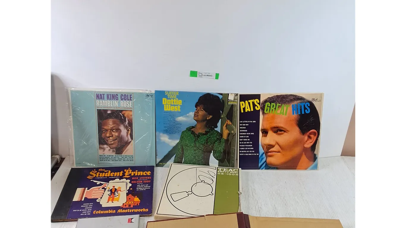 (5) Vinyl Records, Nat King Cole, Potties West, Assorted Record Books, (2) Film Reels