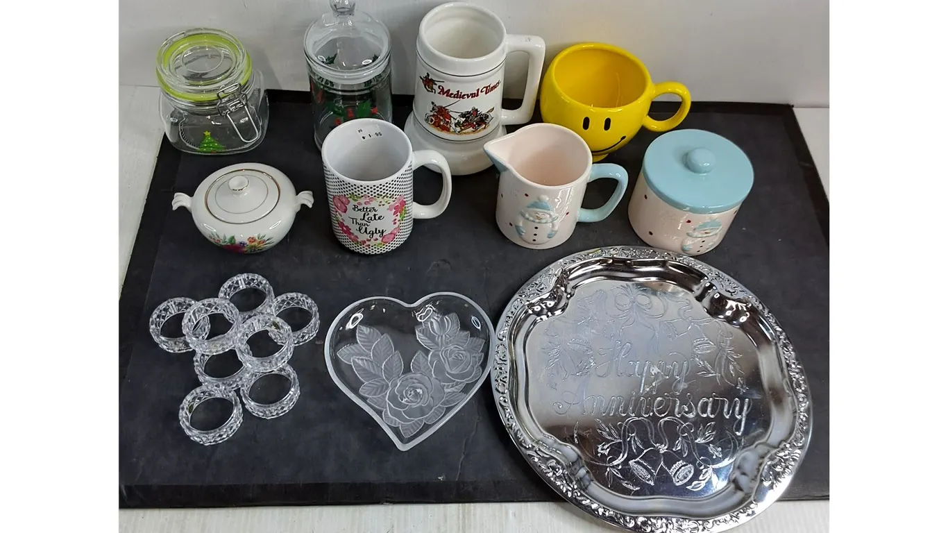 Ceramic Mugs, Glass Food Storage, Platters, Napkin Rings