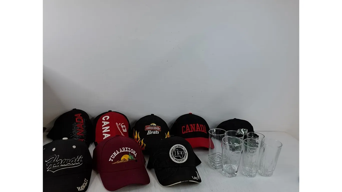 (8) Ball Caps, (6) Glasses ( as is)