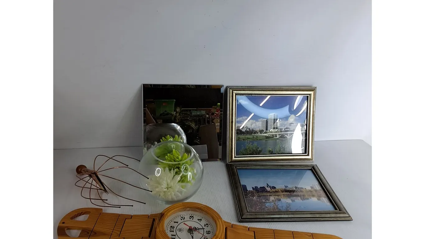 Mirror 10"x10", (2) Framed Pictures 12"x9.5", Wooden Decorative Desk Clock 27", Misc
