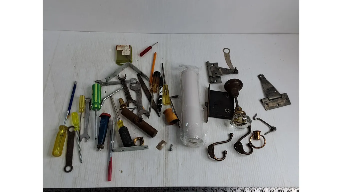 Antique Door Knob Set, Hinges, Assorted Hand Tools, Misc.