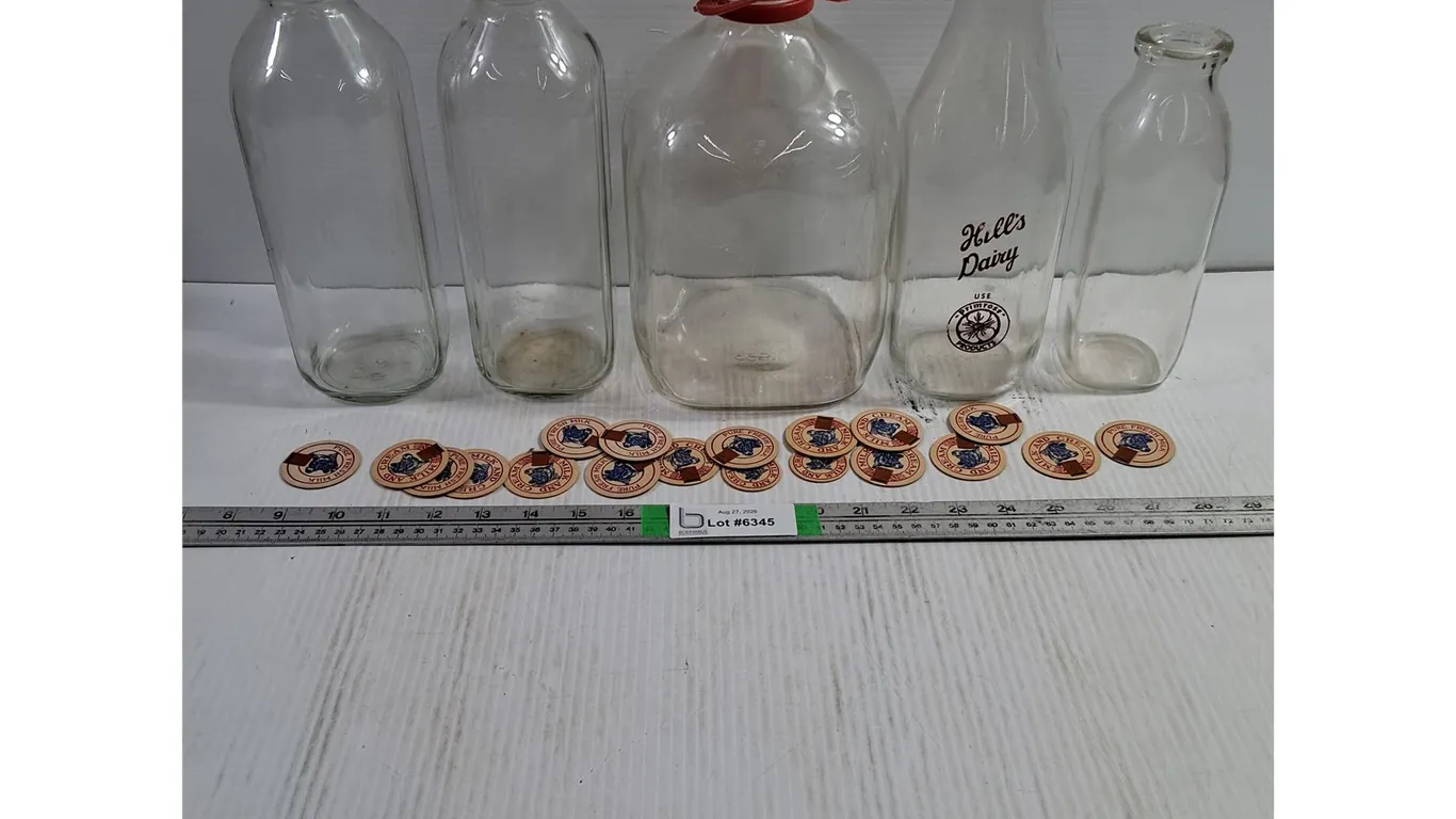 (5) Vintage Glass Milk Bottles-Various Sizes with 19 Milk Caps