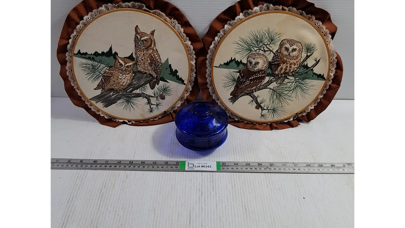 (2) Vintage Quilted Owl Wall Hangers, Vintage Cobalt Blue Glass Oil Lamp Reservoir