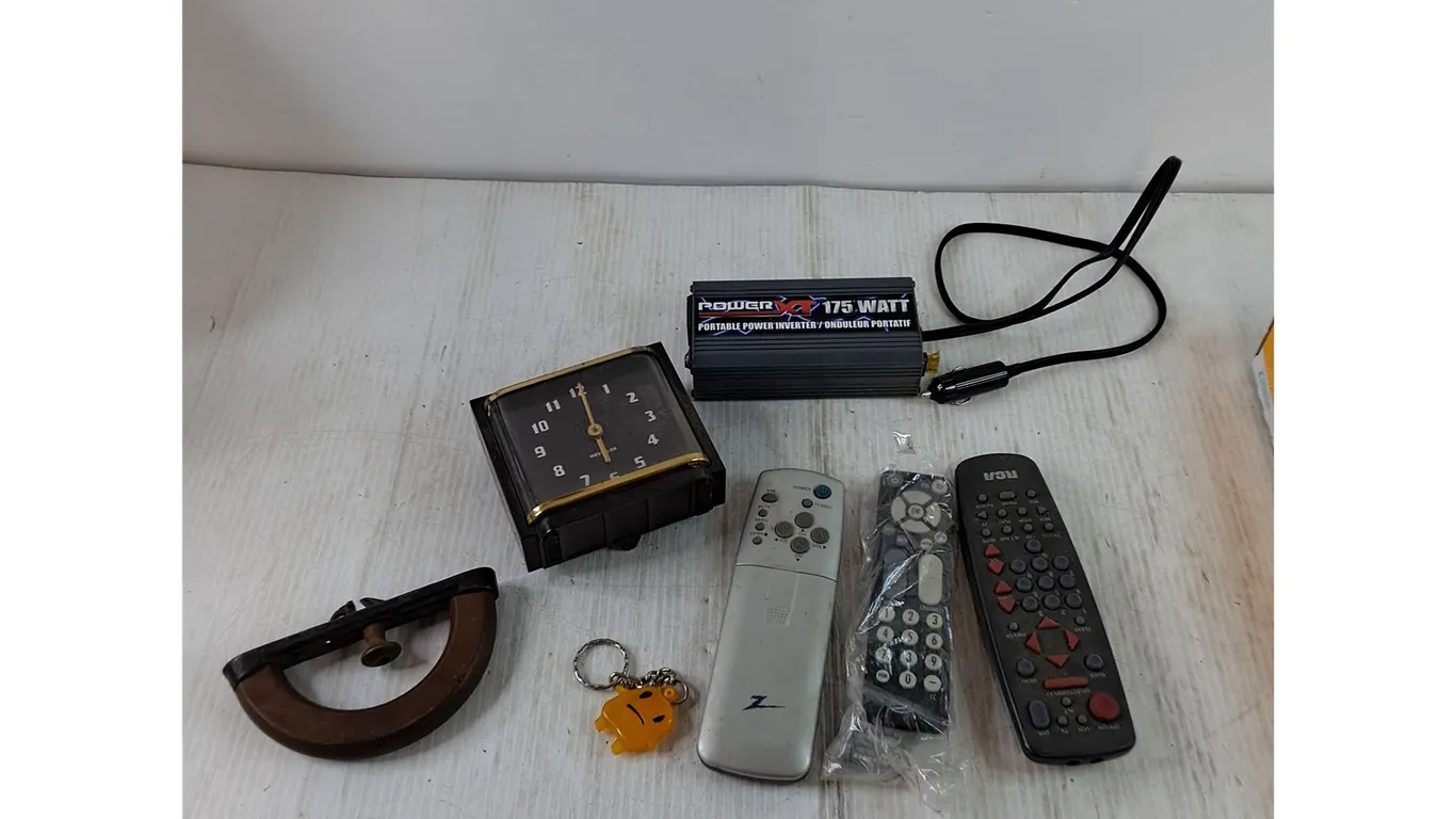 Portable Power Inverter, (3) Remotes All Untested, Westclox Clock As-Is, Goose Iron Handle