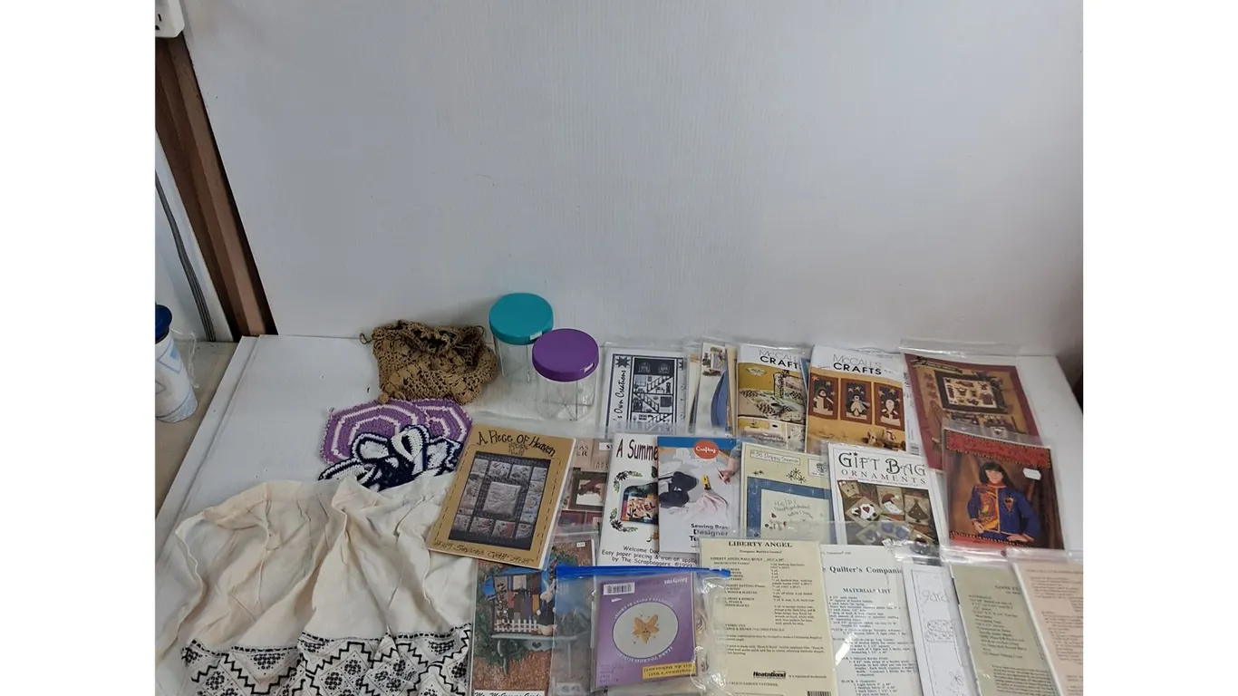 Large Assortment of Sewing & Craft Kits, Doilies, Apron, Segment Jars