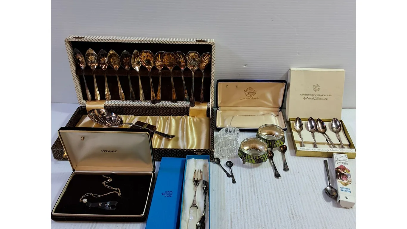 Assorted Spoons, Salt/Pepper Cellars w/ Spoons, Pickle Forks, Pearl Necklaces