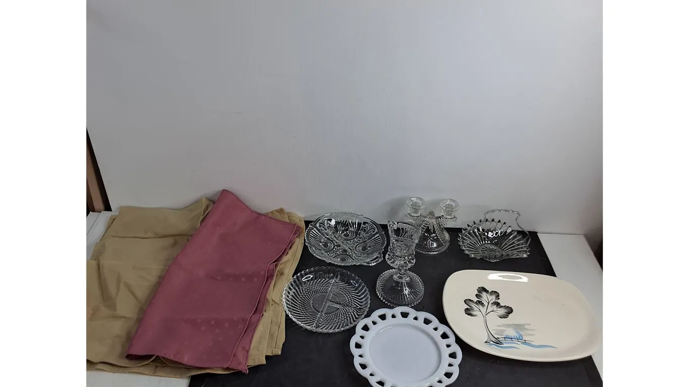 Platters, Candle Holder, Crystal Creamer, 5 Fabric Napkins
