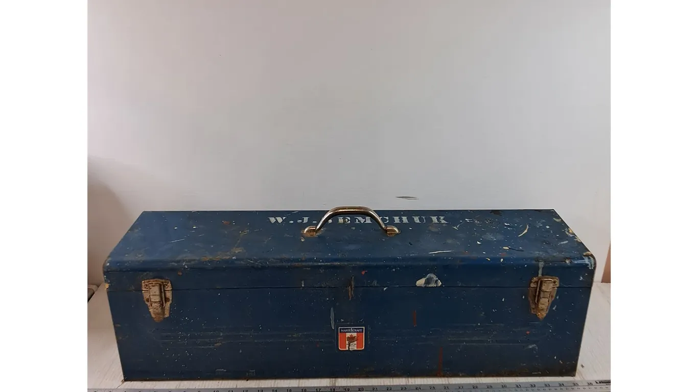 Mastercraft Blue Toolbox with Ruler, Canadian Pacific Manual, (2) Goggles, Oil Can, Misc