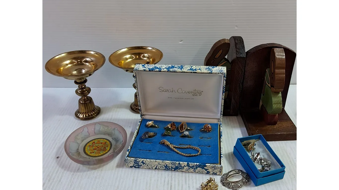 Brass Candleholders, Vintage Bookends, Decorative Plate, Jewlery (Cannot Authenticate)