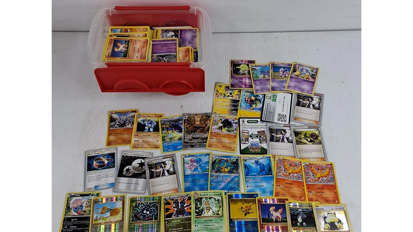 Assorted Pokemon Trading Cards & Container - CANNOT AUTHENTICATE
