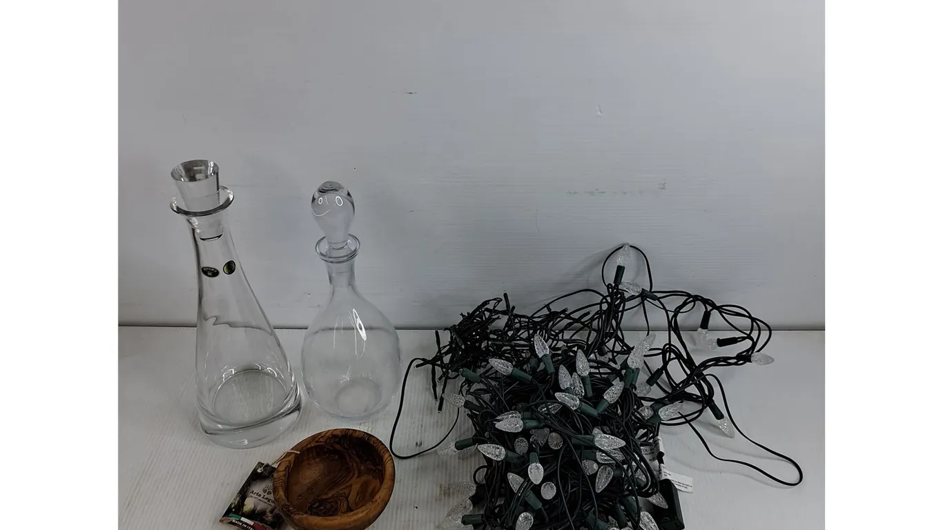 Bohemia Crystal & Glass Liquor Decanters, Arte Legno Wooden Bowl, Christmas Tree Lights